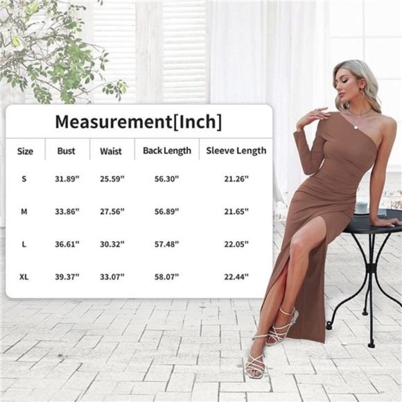 Womens One Shoulder Long Sleeve Cocktail Bodycon Side Slit Maxi Dress Brown NWT - Picture 6 of 6